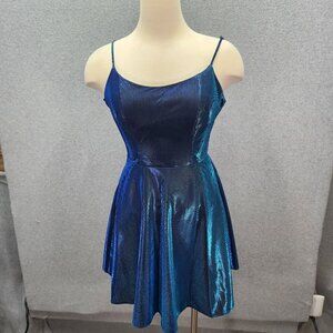 B. Smart Blue Shimmer Spaghetti Strap Fit & Flare Dress